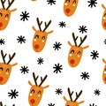 Holiday seamless pattern with deer, decorative elements. Colorful vector, flat style. hand drawing.